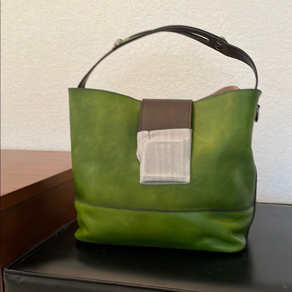 Green and Brown Soft Leather Hobo Bag with Glossy Finish.